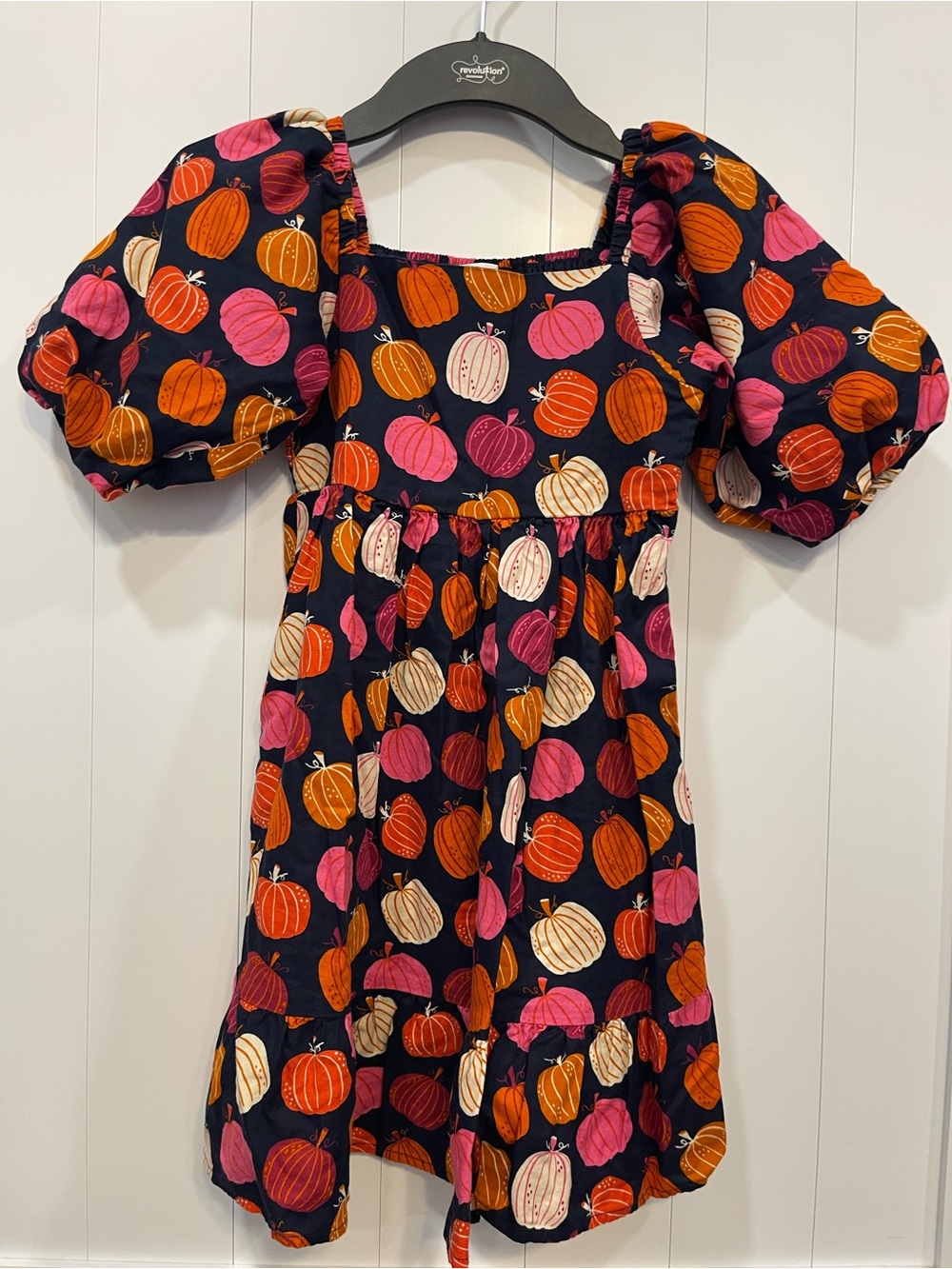 Gymboree Navy Dress with Orange, Pink, and Cream Pumpkin Print size 8